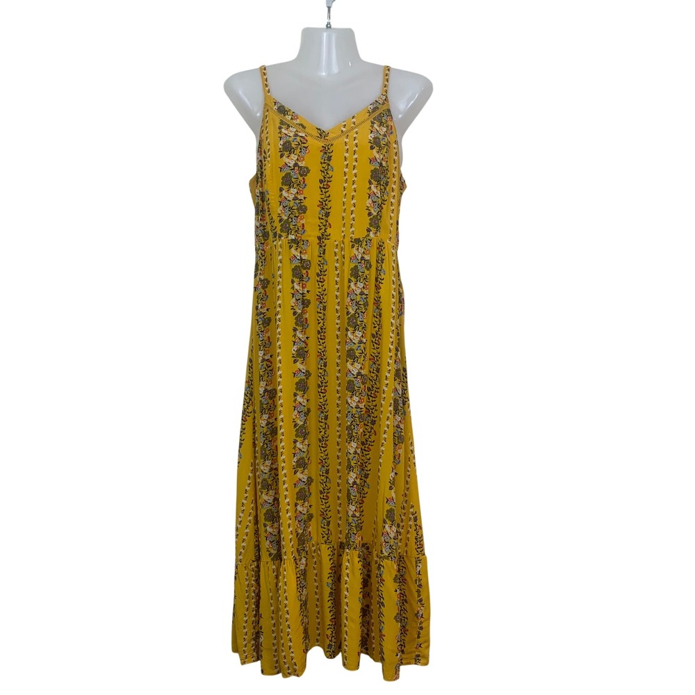 Old Navy Women's M Mustard Yellow Floral Stripe Smocked Tiered Maxi Dress Boho